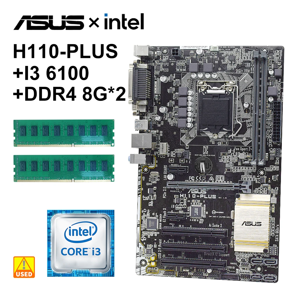 Scheda Madre Asus H110-Plus Con Cpu Core I3 6100 + Ddr4 8G * 2 Ram Lga 1151 Kit Scheda Madre Intel H110 Pci-E 3.0 Usb3.0 Sata 3