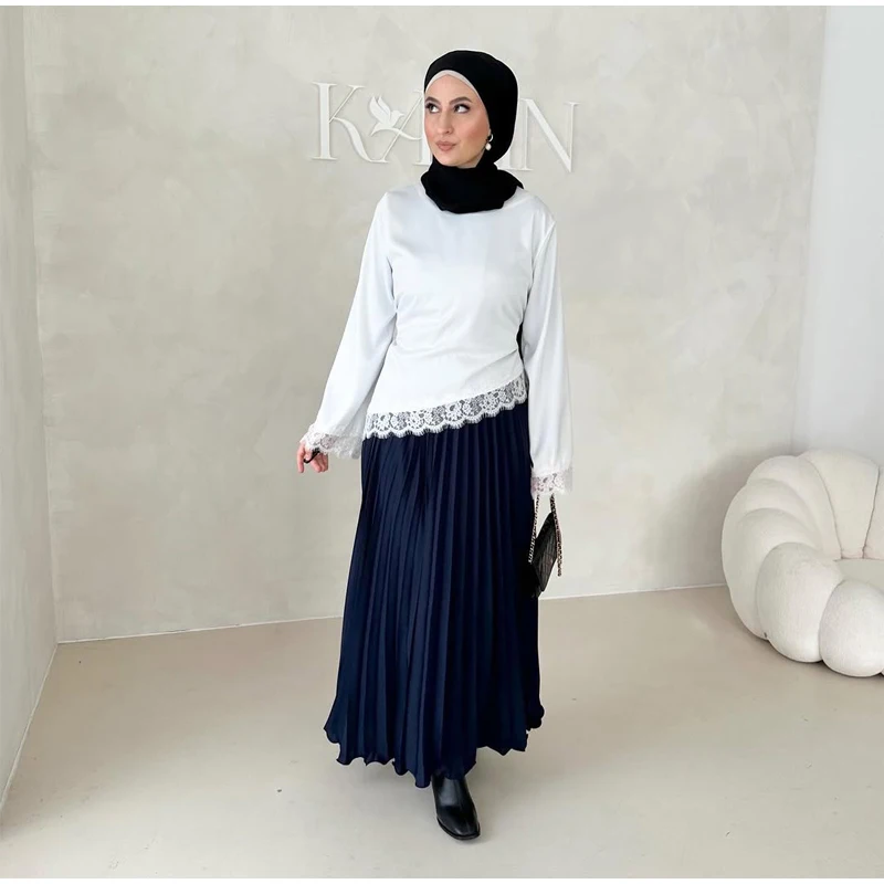 Casual Lace Patchwork Lace-up Tops Women's Slim Belted Waist-cinching Round Neck Pullovers 2026 New Ladies Spring Solid Shirt