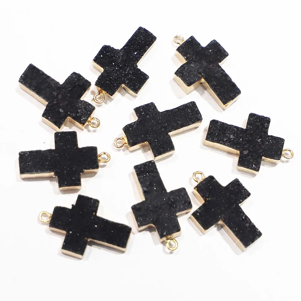 Selling Natural Stone Black Agate Cross Druzy Necklace Pendant Men Women Unisex Charms DIY Fashion Jewelry Making Wholesale 6Pcs