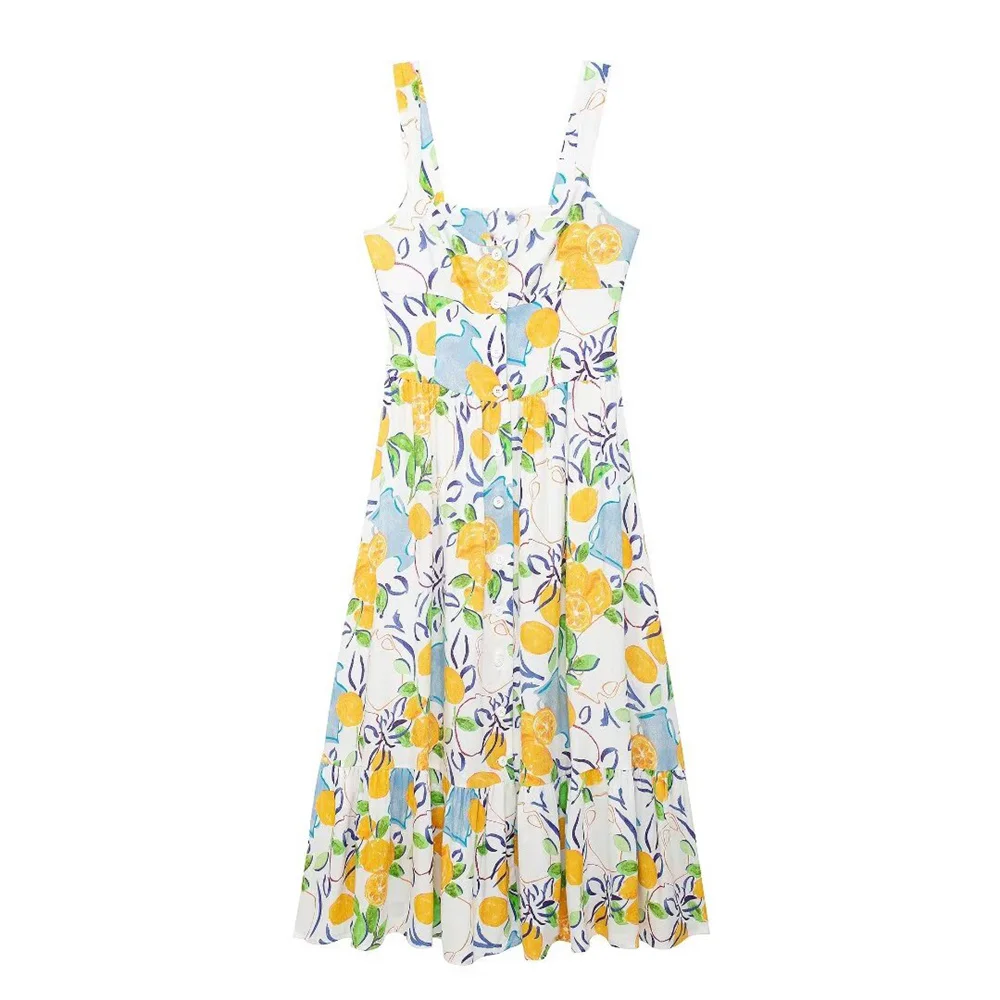 Summer Fashion Floral Print Spaghetti Strap Midi Dress