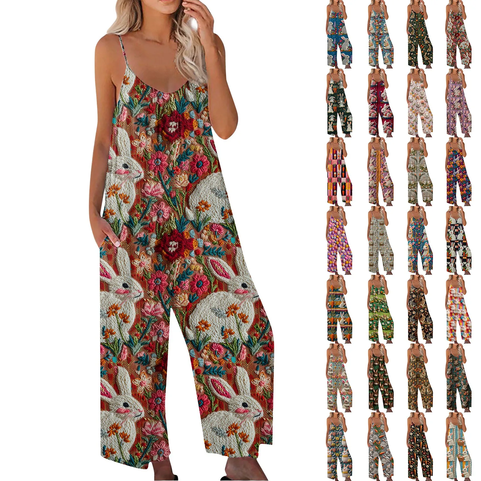 

Women's Easter Printed Jumpsuit Casual Loose Adjustable Suspender Jumpsuit Skin Friendly And Comfortable Pants fantazi bodysuit