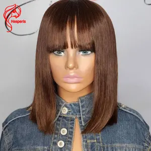 Hesperis #4 Brown Bob Cut Wig With Bangs Brazilian Remy Scalp Top Full Machine Made Human Hair Wig For Women Wear And Go Bob Wig