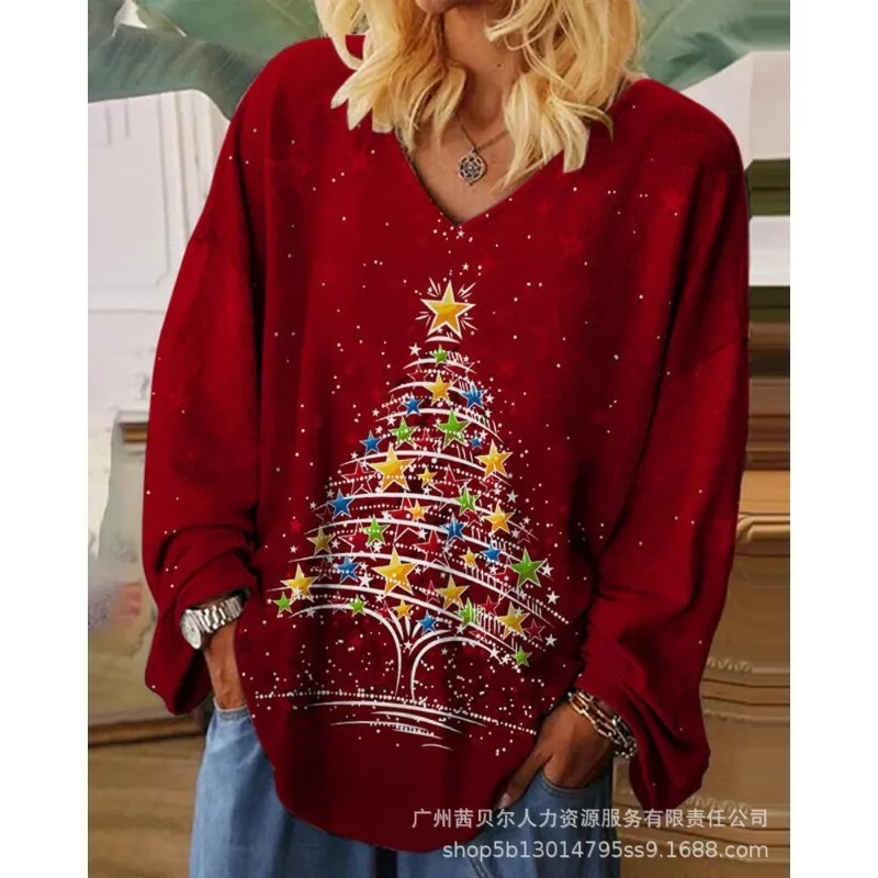 

2023 Autumn Winter New Women's Clothing plus Size Christmas Christmas Printed Loose V-neck Pullover Long Sleeve T-shirt