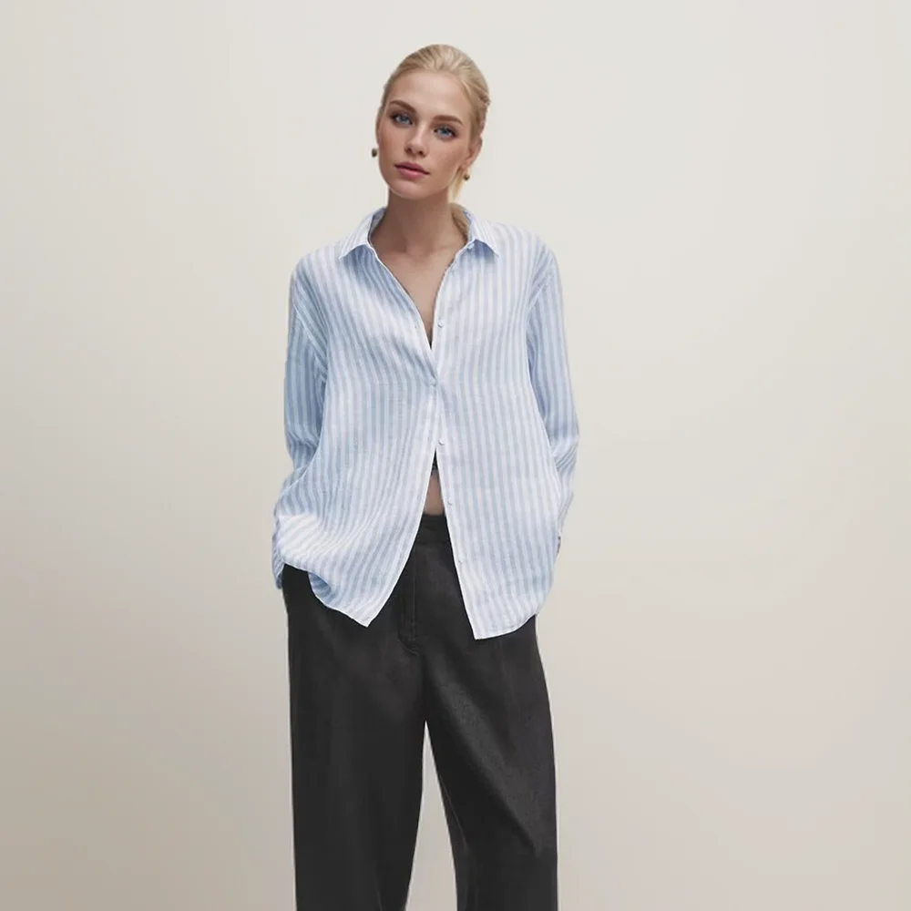 

PB&ZA 2024 Summer Women's French Style Versatile Commuting Style Blue Striped Comfortable Long Sleeve Shirt