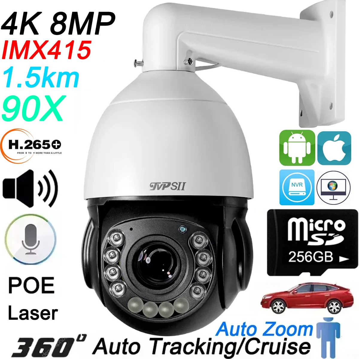 Max.256g Auto Tracking H.265+ 8M 4K 90X Optical Zoom 360° Rotation Audio Outdoor ONVIF POE PTZ IP Speed Dome Surveillance Camera