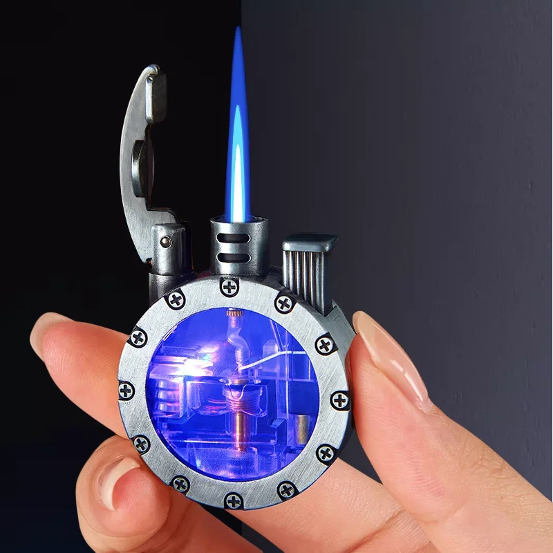 

Retro Metal Windproof Blue Flame With LED Light-Up Inflatable Lighter Outdoor Portable Gas High-Power Lighter Smoking Tool