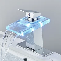 LED Bathroom Sink Faucet Brass Waterfall Temperature Colors Change Bathroom Mixer Tap Deck Mounted Wash Sink Glass Taps 1