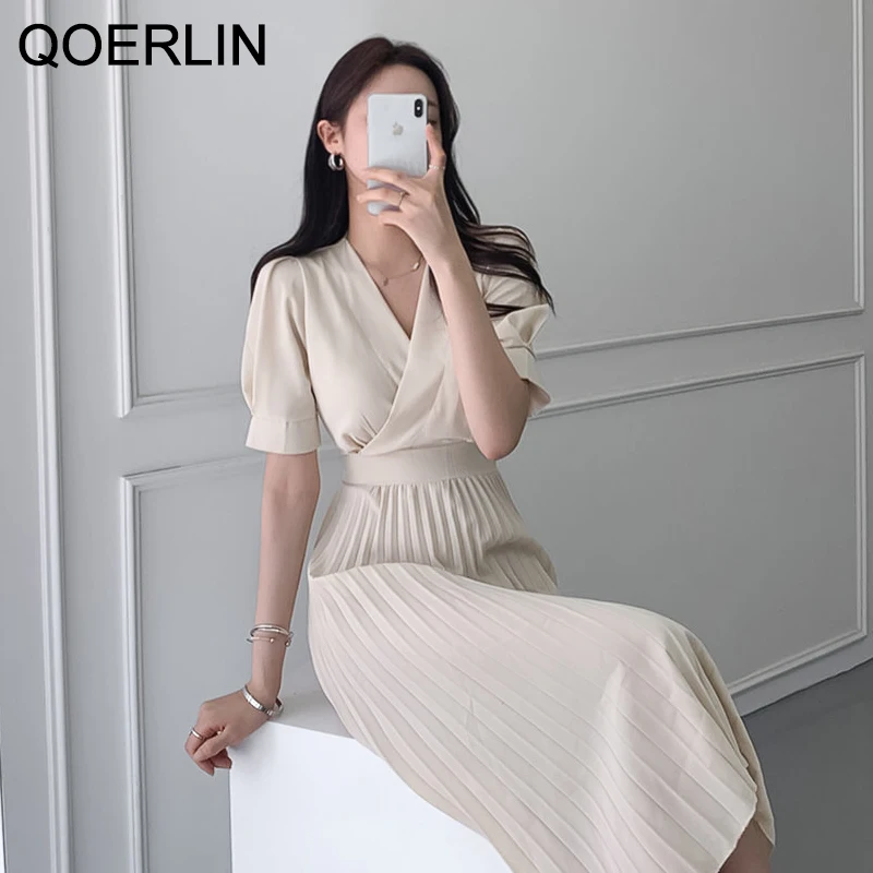 

QOERLIN Sashes Midi Dress Women V-Neck Short Sleeve High Waist Dress Female Korean Fashion Elegant Bandage Pleated Vestido Mujer