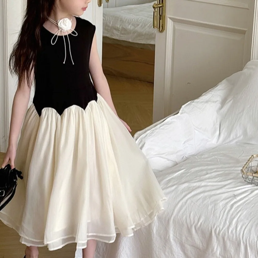Round Neck Children Princess Dress Black White Sleeveless Kids Korean Long Dress Long Suspenders Girls Splicing Mesh Skirt