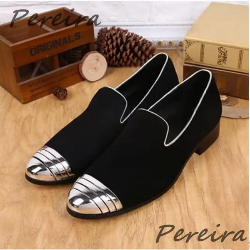 Mocassini Da Uomo Con Punta In Metallo Scarpe Casual Slip-On Nere In Pelle Scamosciata Ricamo Oro Appartamenti Fatti A Mano Comodi Mocassini Da Guida 