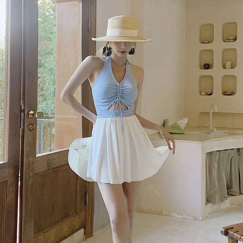 

One Piece Swimsuit Woman Sweet Halter Drawstring Hollow Out High Waist Skirt Swimwear Women Push Up Body Bathing Suit Women 2022