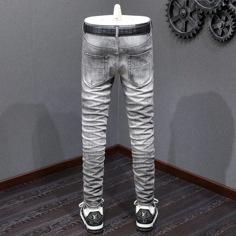 High Street Fashion New Grey Jeans Elastic Slim Fit Retro Jeans Designer Hip Hop Brand Patch Grey Pants hombre