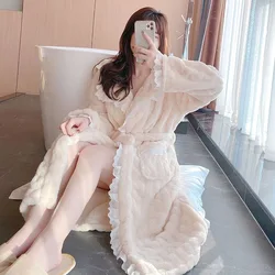 Thickened Flannel Nightgown Women's Winter Pajamas Lace Trim Sexy Coral Fleece Nightgown Bathrobe Palace Style Pijamas for Women