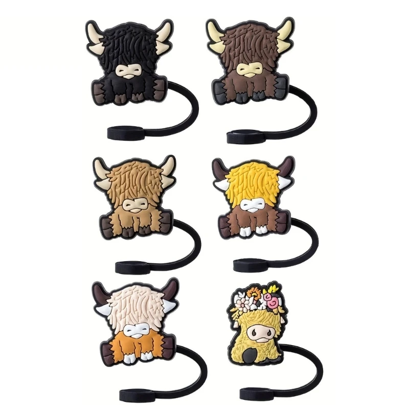 Set of 6 Unique Cartoon Straw Stopper Adorment Colorful Plastic Straw Lid Cow Shaped Plug Drinkware Accessorys