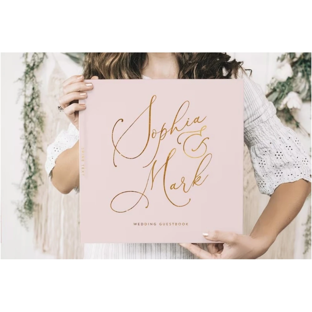 Libro Degli Ospiti Di Nozze Rosa E Oro, Libro Di Nozze Orizzontale In Lamina D'Oro Reale Con Nomi Di Calligrafia, Cabina Fotografica Istantanea Con Co
