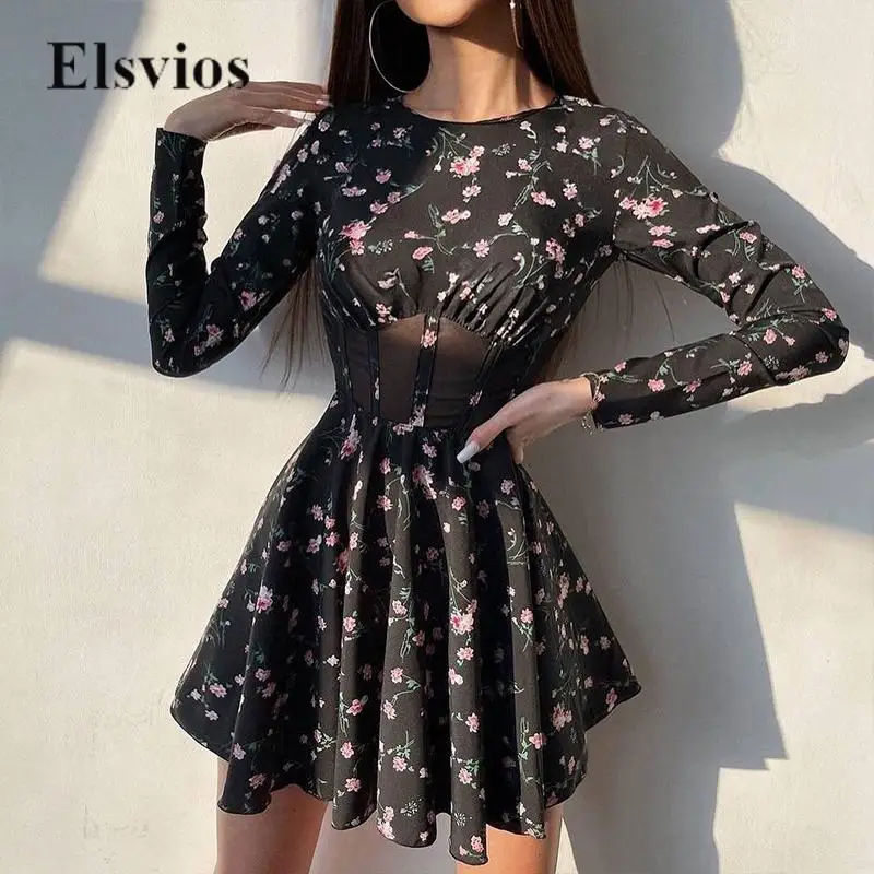 

Elegant Vintage Floral Printed Party Dresses Fashion O Neck Women Mini Dress Sexy See-through Mesh Tunic Slim Pleat A-Line Dress