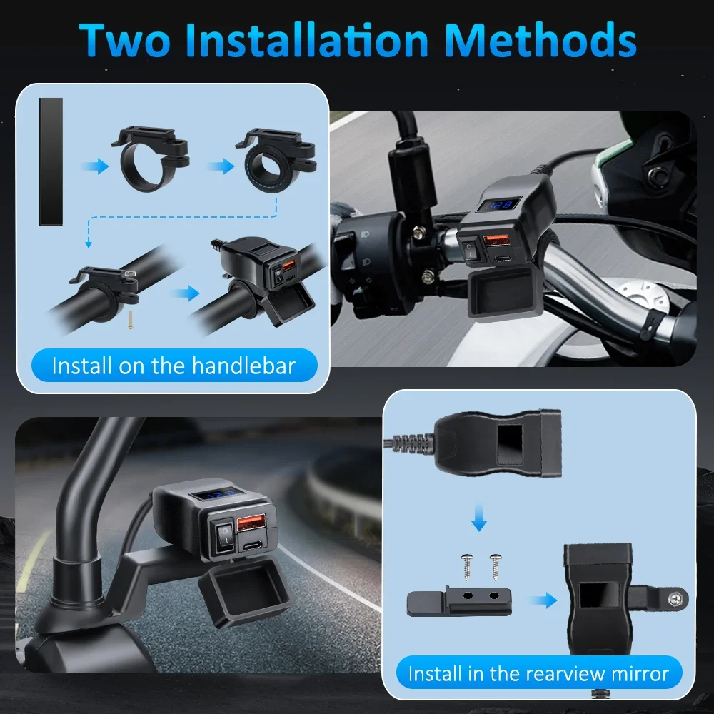 Anchtek Waterproof Motorcycle Charger Adapter with USB PD Quick Charge 3.0 and Switch