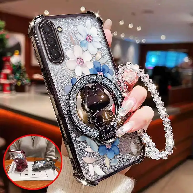 Attractive Flower Phone Case Set with Lanyard and Circular Stand - 3 Piece Set
