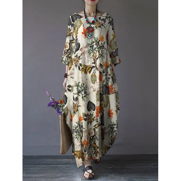 Women's Vintage Cotton Linen Long Dresses, Female Holiday Dress, Elegant  Short Sleeve, Print Loose, Summer Party Dress, Streetwe - AliExpress  200000345