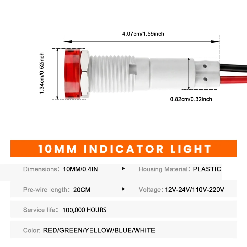 5개 FILN 10mm LED 표시등 12V 24V 110V 220V 방수 신호등 파일럿 대시 방향등 (자동차, 보트, 트럭용)