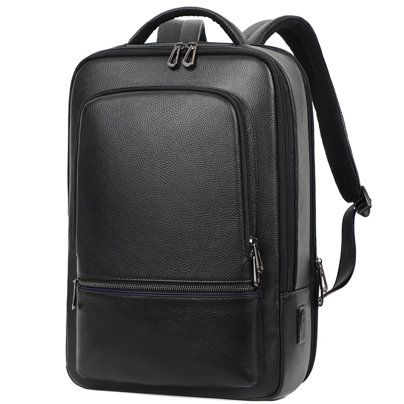 Mens Backpack 15.6 inch Laptop Backpack Natural Cow Leather USB Travel Bag Shoolbag For Boys