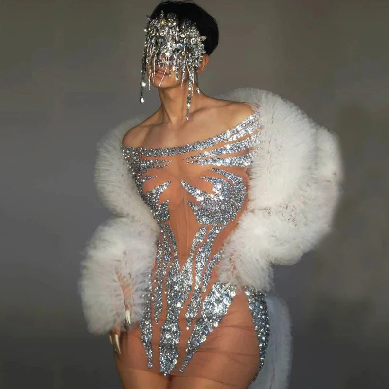 

Full Silver Rhinestones Mini Dress Sexy Perspective Evening Party Dresses Women Gogo Dance Costume Stage Rave Outfit XS7726