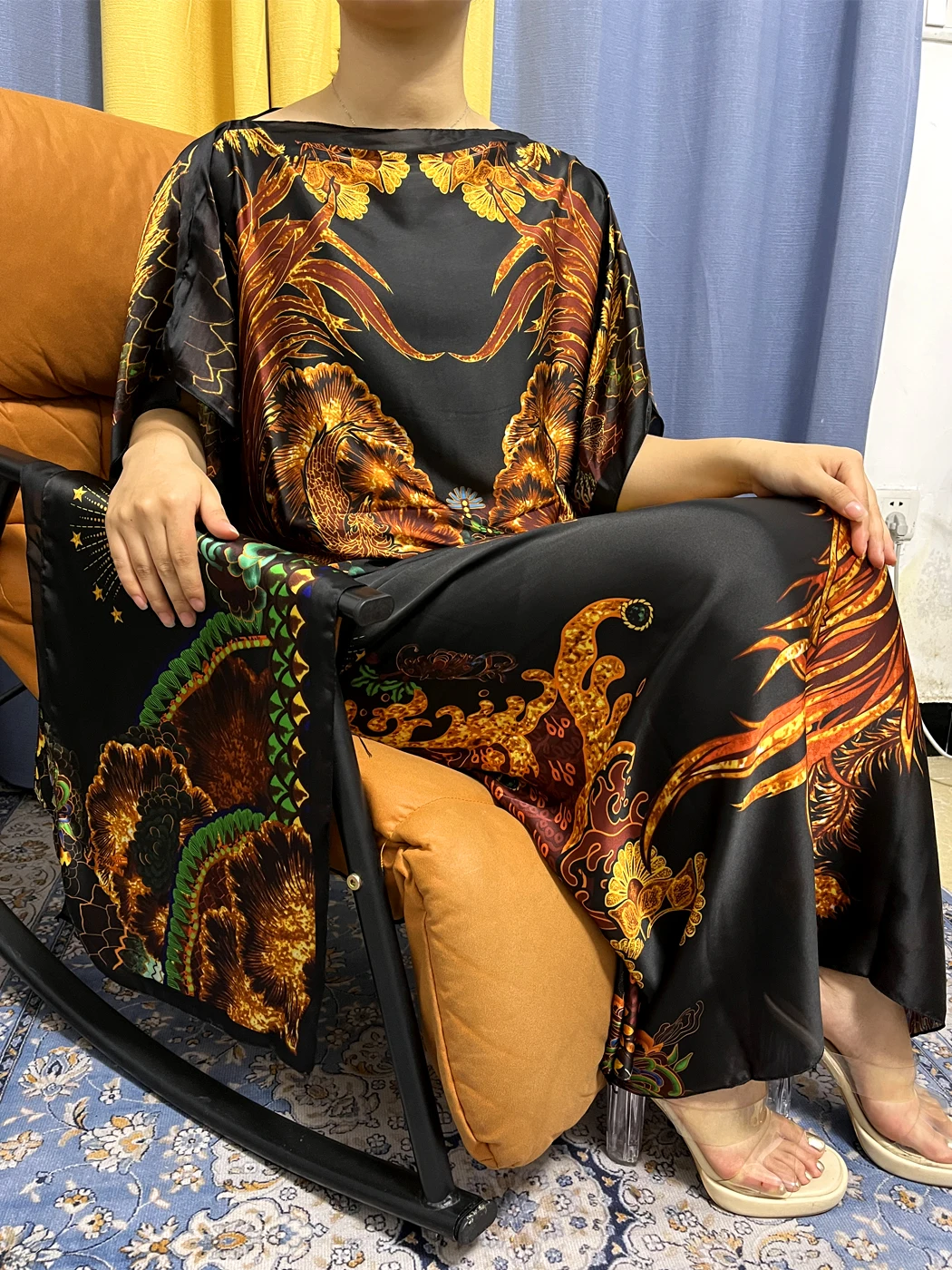 Muslim Abayas For Women Silk Peacock Print Push Press Loose Femme Robe Afircan Nigeria Islam Party Evening Dress With Turban