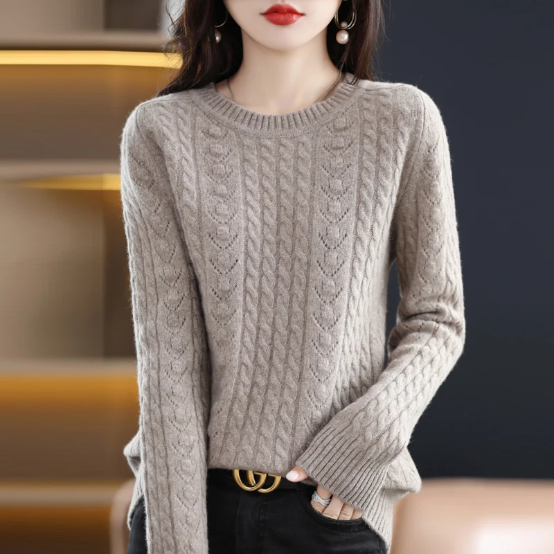 

100% Pure Wool Women's O-Neck Pullover Cashmere Sweater Autumn Winter Hollow Solid Color Knit Long Sleeve Top