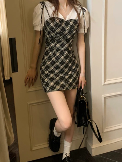 Mini vestido xadrez sexy feminino, vestido de festa curto, moda coreana,  chique, roupa kawaii, verão, doce, Y2K, Y2K, 2023 - AliExpress