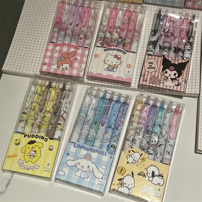 Sanrio Hello Kitty 6pcs Series Gel Pen 0.55mm Refill Y2k Cinnamoroll Kuromi MelodyCartoon Press Pen Black Stationery Supplies 4