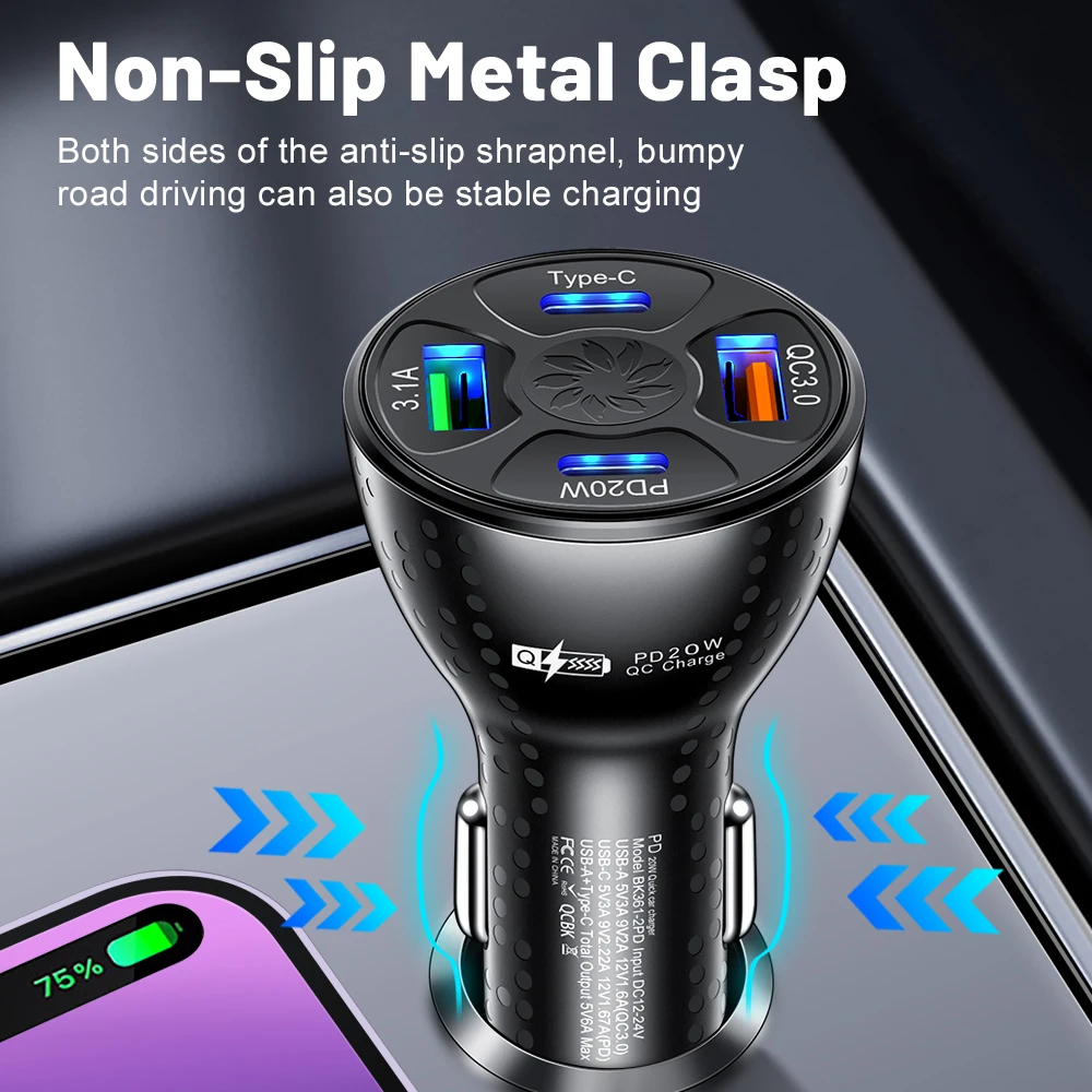 38W USB Car Charger Fast Charging 4 Ports PD Type C Car Phone Charger Adapter For iPhone Xiaomi Samsung Quick Charger In Car