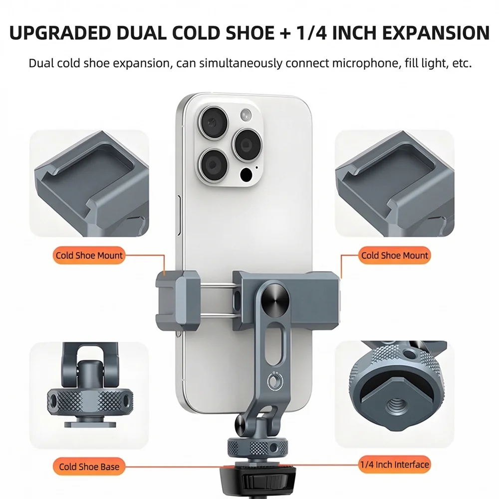 Enhanced Metal Smartphone Holder with Cold Shoe & 360° Rotation Tripod Mount Adapter