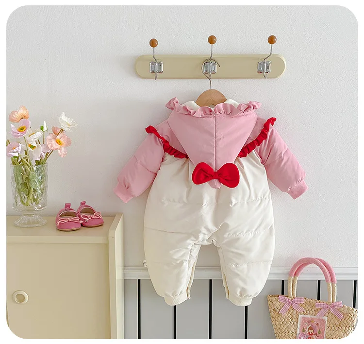 Cekcya Winter Koreanische Baby Mädchen Body Baumwolle Plus Samt Gepolsterte Warme Säuglings Hoodie Overall Bogen Kleinkind Mädchen Schnee Tragen – Detail 6