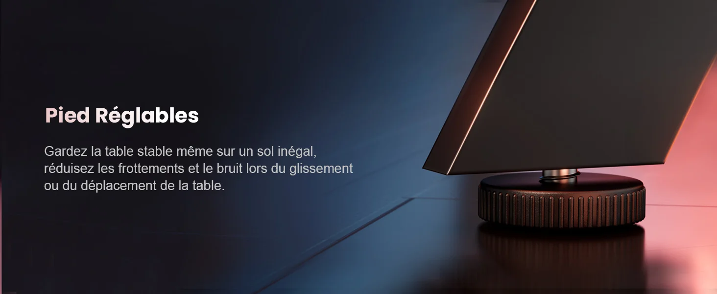 Objet circulaire noir aux bords striés sur une surface réfléchissante, éclairé par un éclairage bleu et rouge. Le texte ci-dessus décrit les « pieds réglables » (pieds réglables) pour la stabilité de la table