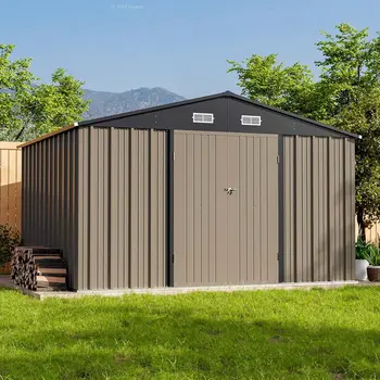 Abri de rangement extérieur 10 x 8 pieds, grand hangar métallique pour outils de jardin avec toit incliné et double porte verrouillable, extérieur 1