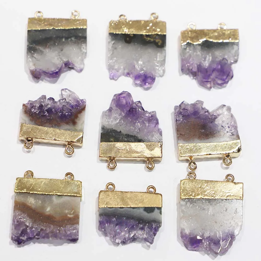 Natural Stone Uruguay Amethyst Irregular Pendants Double Buckle Phnom Penh Necklaces Energy Healing Chakra Halo DIY Jewelry 4Pcs
