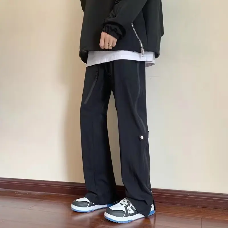 Men Casual All-match Youth 2024 Spring New Black Thin Style Zipper Forking Loose Straight Cylinder Korean Comfortable Trousers