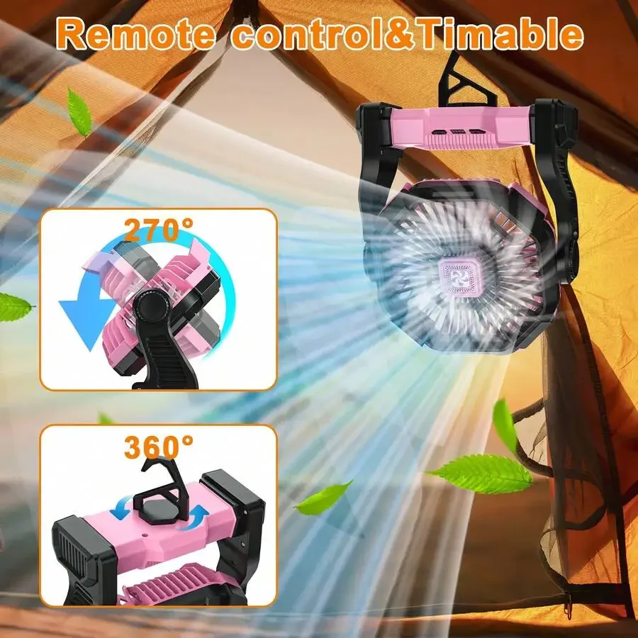 Batterijgevoede LED-lantaarn met koude lucht, tafelventilator met dubbele motor, 4 instelbare snelheden en ophanghaak, draagbare buitenventilator._voghion.com