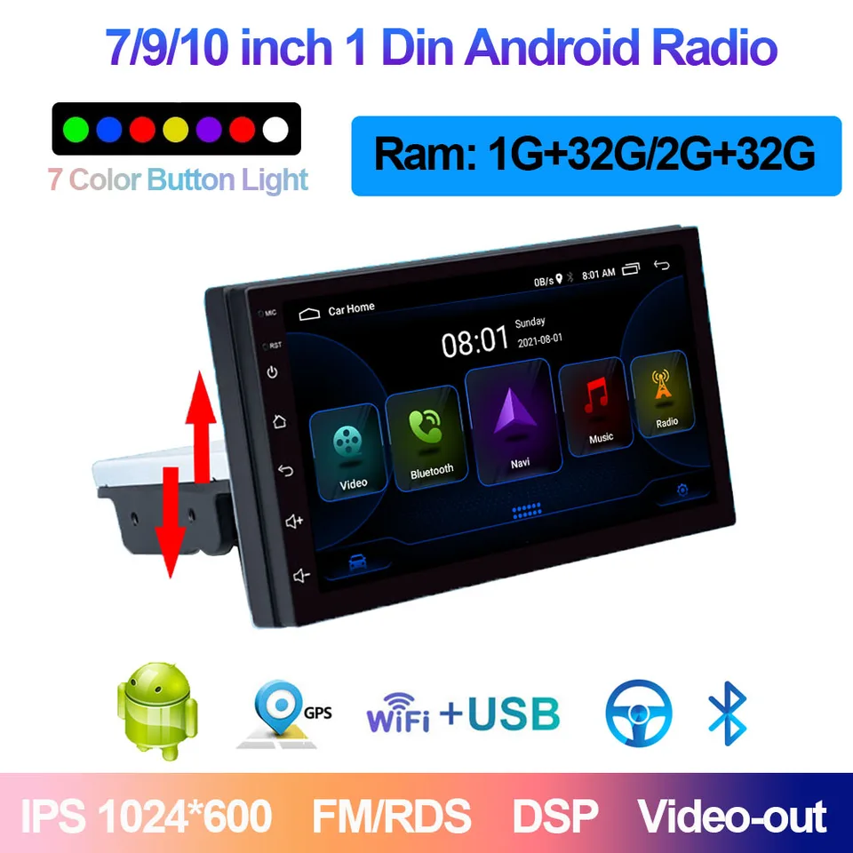 1 Din Verstellbare Universal Auto Stereo Radio Android 7 Inch Touch Screen  FM Quad-Core GPS Navigation Apple Carplay android-auto