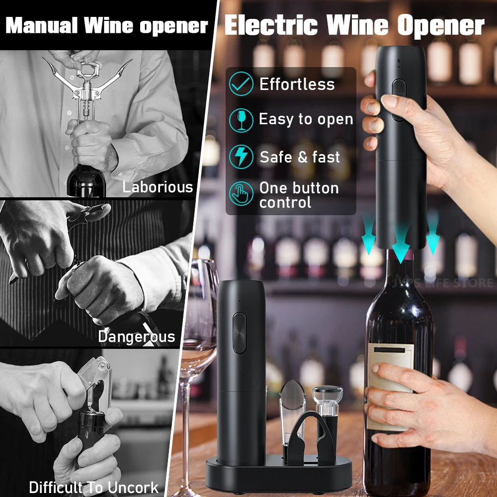 Abrebotellas Eléctrico 5 en 1 Juego de Abrebotellas de Vino Sacacorchos  Eléctrico a Pilas con Cortador de Hojas, Tapón de Botella de Vino, Vertedor  de Vino para Familia, Amante de Vino 