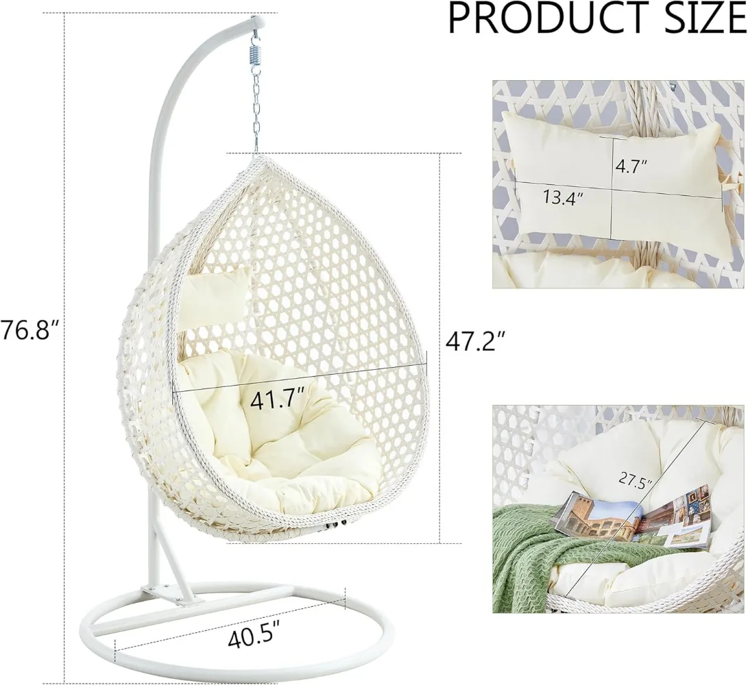 Egg Swing Chair Outdoor with Stand,with Cushion and Pillow,Lounge Chairs,Foldable Basket and Metal Stand for Patio 2