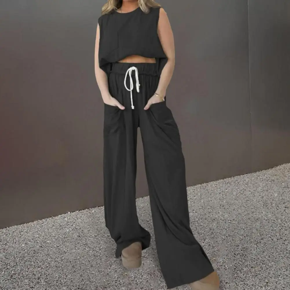 

Casual Women Suit Women's Sleeveless Vest Wide Leg Pants Set with Drawstring Waist Side Pockets Casual Two-piece for Comfort