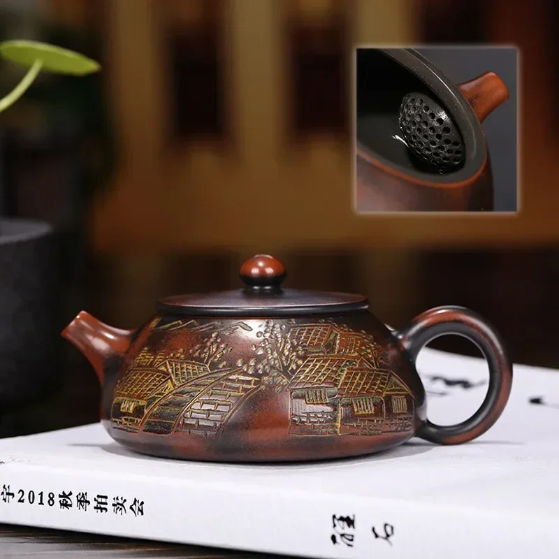 

130ml Boutique Raw Ore Stone Scoop Tea Pot Yixing Purple Clay Teapots Handmade Ball Hole Filtration Kettle Table Accessories