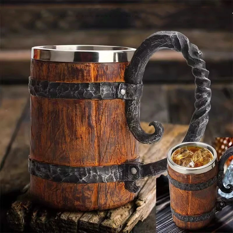 

600ml Viking Wood style Beer Mug Christmas Gift Simulation Wooden Barrel Cup Double Wall Drinking Mug Metal Insulate Bar Tool
