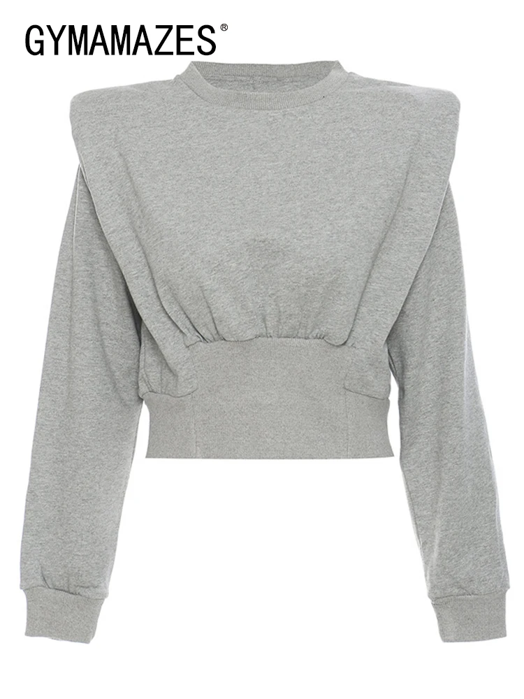 

GYMAMAZES Solid Temperament Sweatshirts For Women Round Neck Long Sleeve Tunic Patchwork Folds Chic Sweatshirt Female Fashion