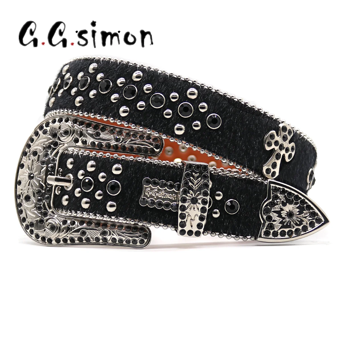 

GGSIMON Punk Cross Western Rhinestones Belt Diamond Studded Men Women Black Leather Strap Buckle Cowboy Ceinture Femme For Jeans