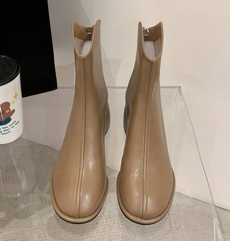 2024 Luxury Brand Women Beige Block High Heels Ankle Winter Female Square Toe Chelsea High Quality Ladies Short Boots New Shoes