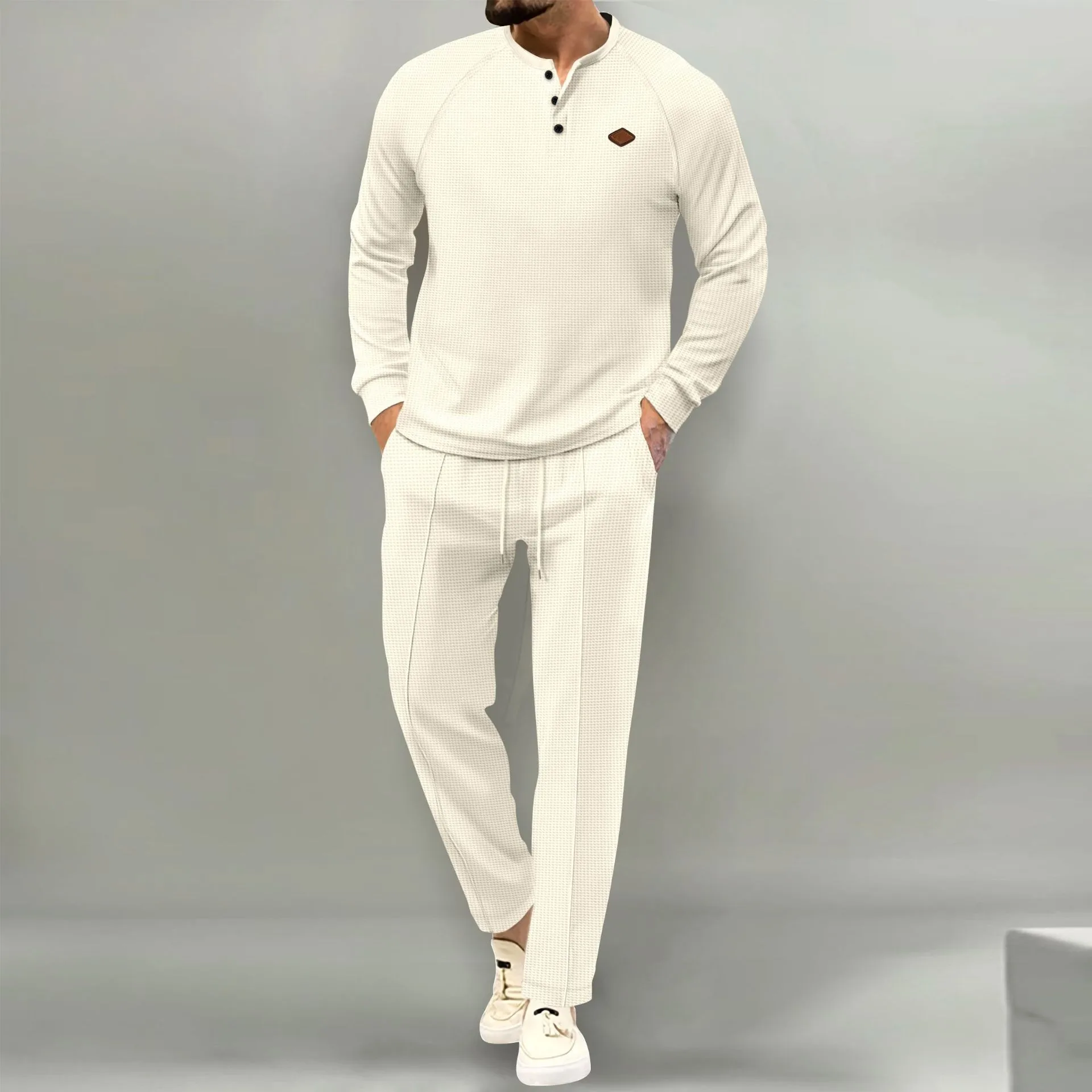 

2024 Spring and autumn new casual fashion men's solid color suit Waffle Henry shirt crewneck top + sweatpants suit