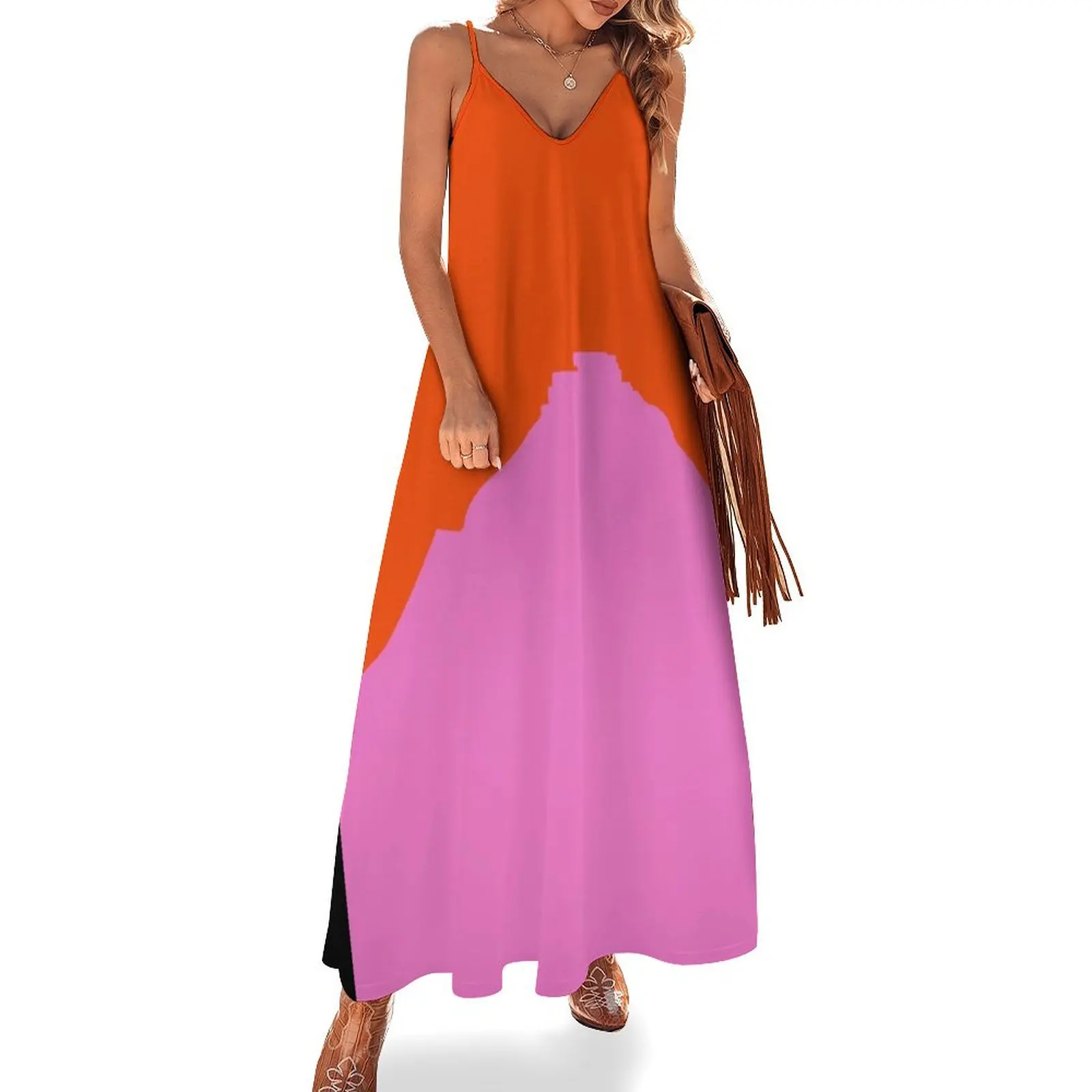 

Pink Mountain with Orange sky Sleeveless Dress Women's dress Aesthetic clothing Long veiled dresses