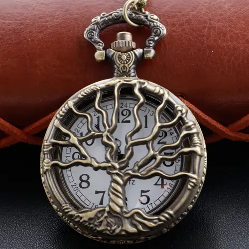 Steampunk Retro Bronze Hollow Tree of Life Quartz Pocket Watch With Fob Chain Women Watch Pendant Necklace Chain Men Gift CF1088 - Image 9